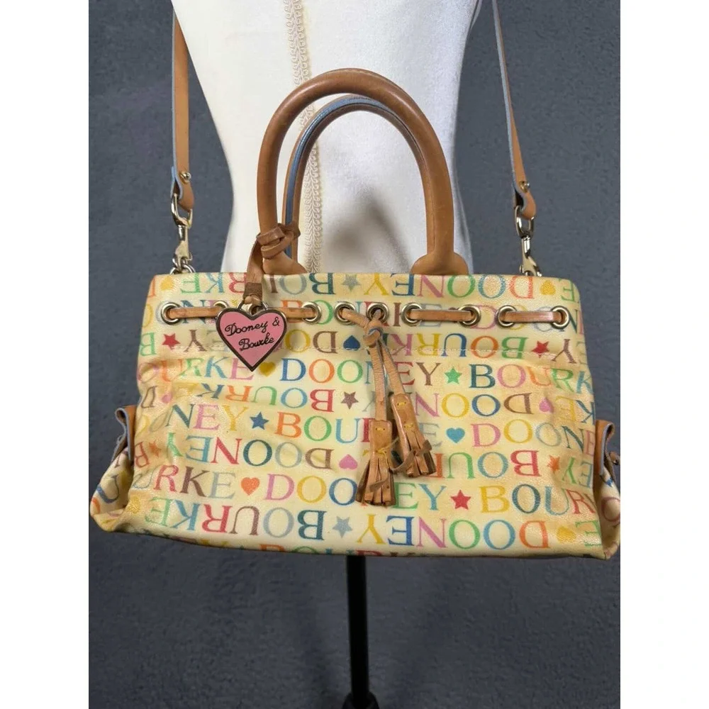 Dooney‎ & Bourke Vintage Rainbow Monogram Satchel Crossbody Bag Cream Multicolor